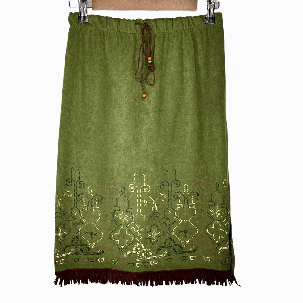 Women's Green Faux Suede Skirt Aztec Design Fringe Boho Hippie Waist 28" Medium